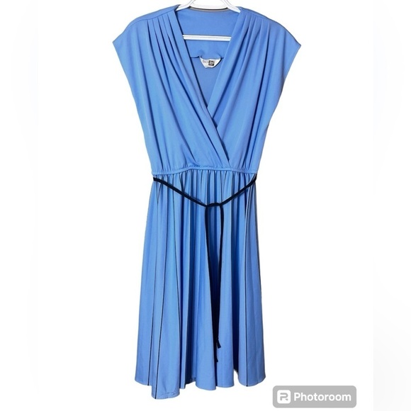 Vintage Sears Blue Wrap Dress Cap Sleeve Midi 70s 80s Size 14P Preppy Timeless - Picture 1 of 11